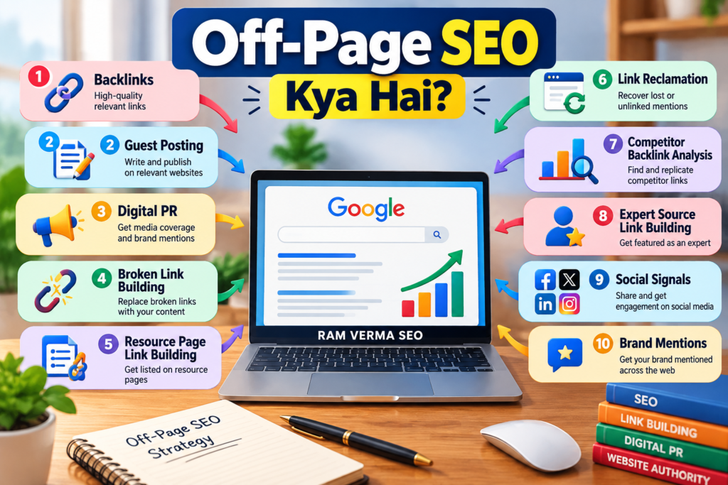 Off-Page SEO ke components dikhata hua laptop aur SEO infographic